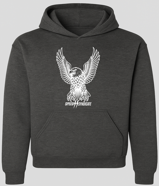Speed Syndicate White Iron Eagle On Dark Heather Gray Hooded Sweatshirt - American Performance Motorcycle Hooded Sweatshirt