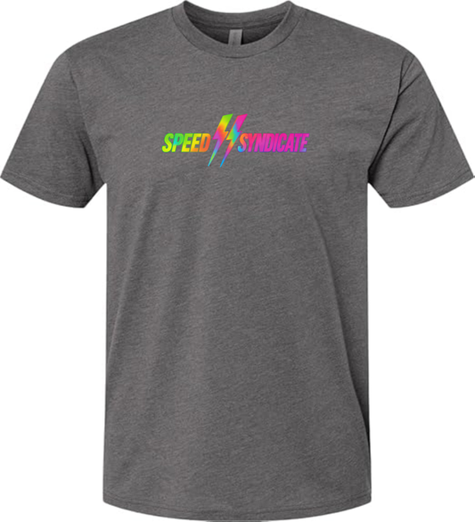 Speed Syndicate Tie Dye Bolt Neon Fade Logo On Heather Heavy Metal Gray Tee - American Performance Motorcycle Tee Shirt