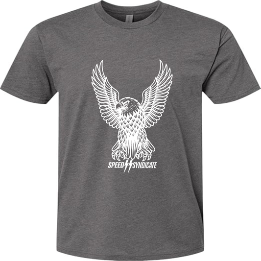 Speed Syndicate White Iron Eagle On Heather Heavy Metal Gray Tee - American Performance Motorcycle Tee Shirt