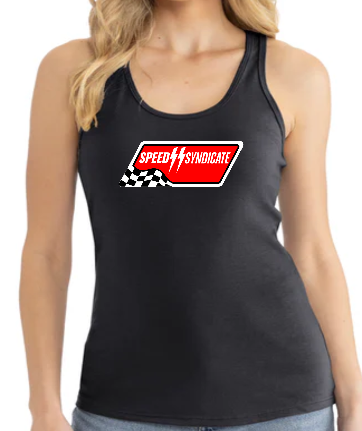 Women's Speed Syndicate White Full Synthetic Racerback Tank Top
