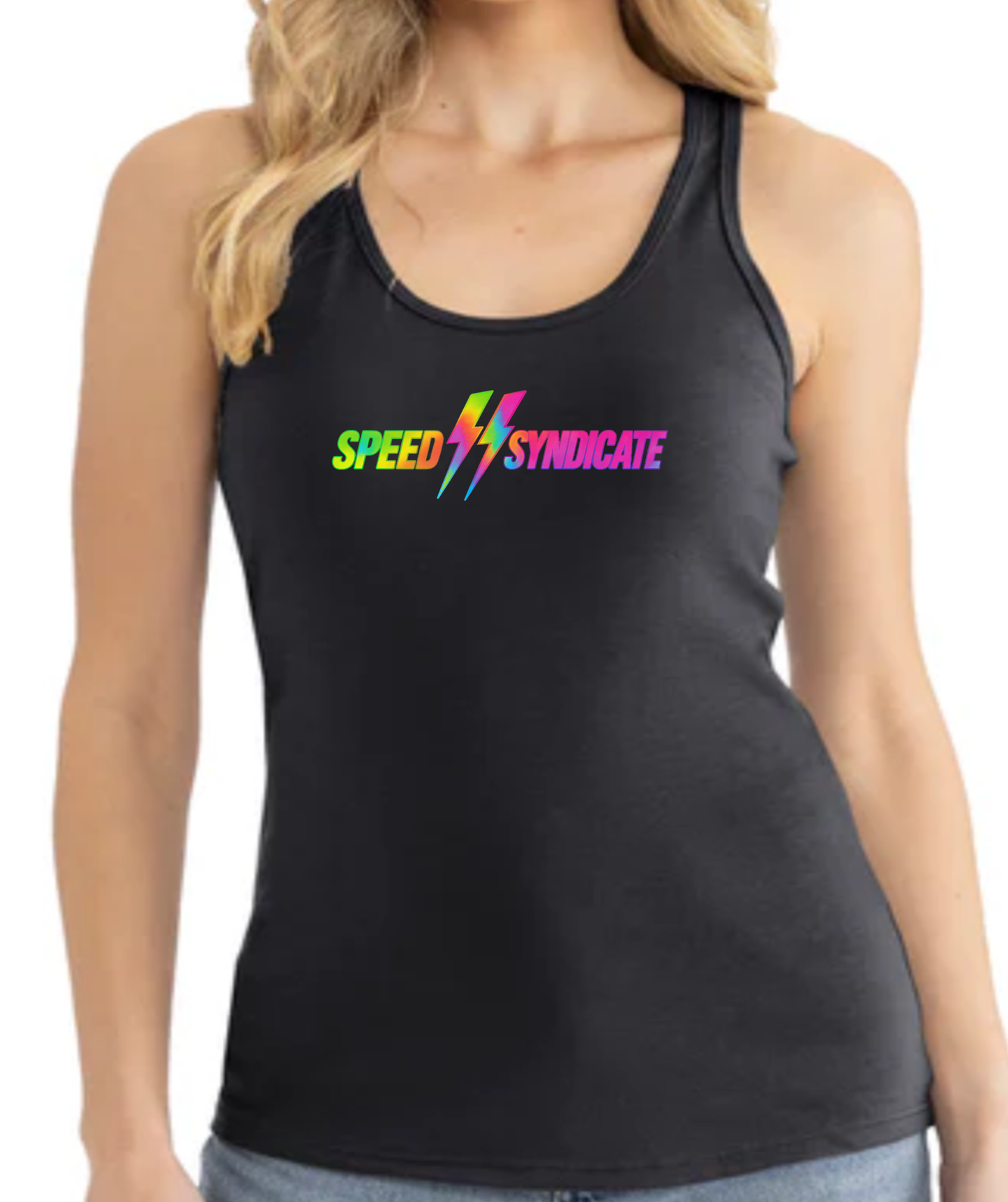 Women's Speed Syndicate Tie Dye Bolt Neon Fade Logo Racerback Tank Top