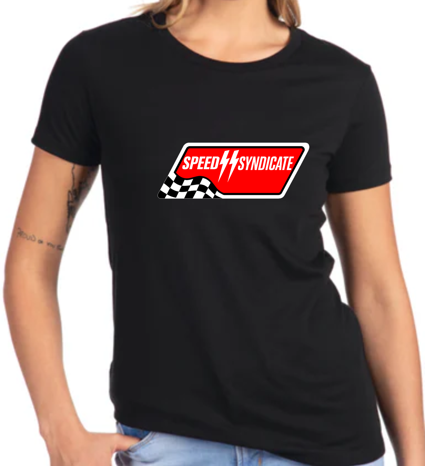 Women's Speed Syndicate Full Synthetic White On Black Tee- American Performance Motorcycle Tee Shirt