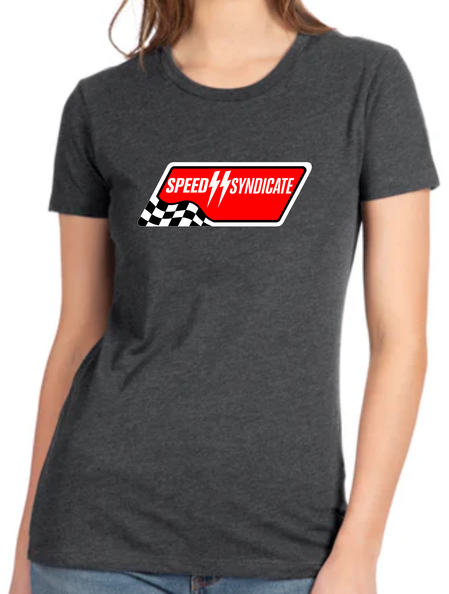 Women's  Speed Syndicate Full Synthetic White on Heather Heavy Metal Gray Tee - American Performance Motorcycle Tee Shirt