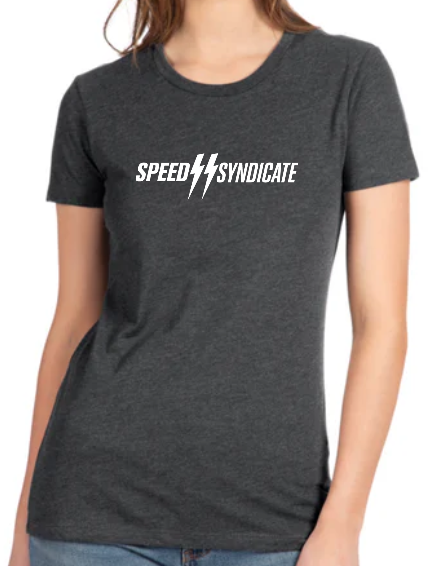Women's Speed Syndicate Standard Issue White Logo On Heather Heavy Metal Gray Tee - American Performance Motorcycle Tee Shirt