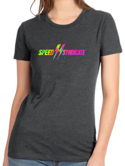Women's Speed Syndicate Tie Dye Bolt Neon Fade Logo On Heather Heavy Metal Gray Tee - American Performance Motorcycle Tee Shirt