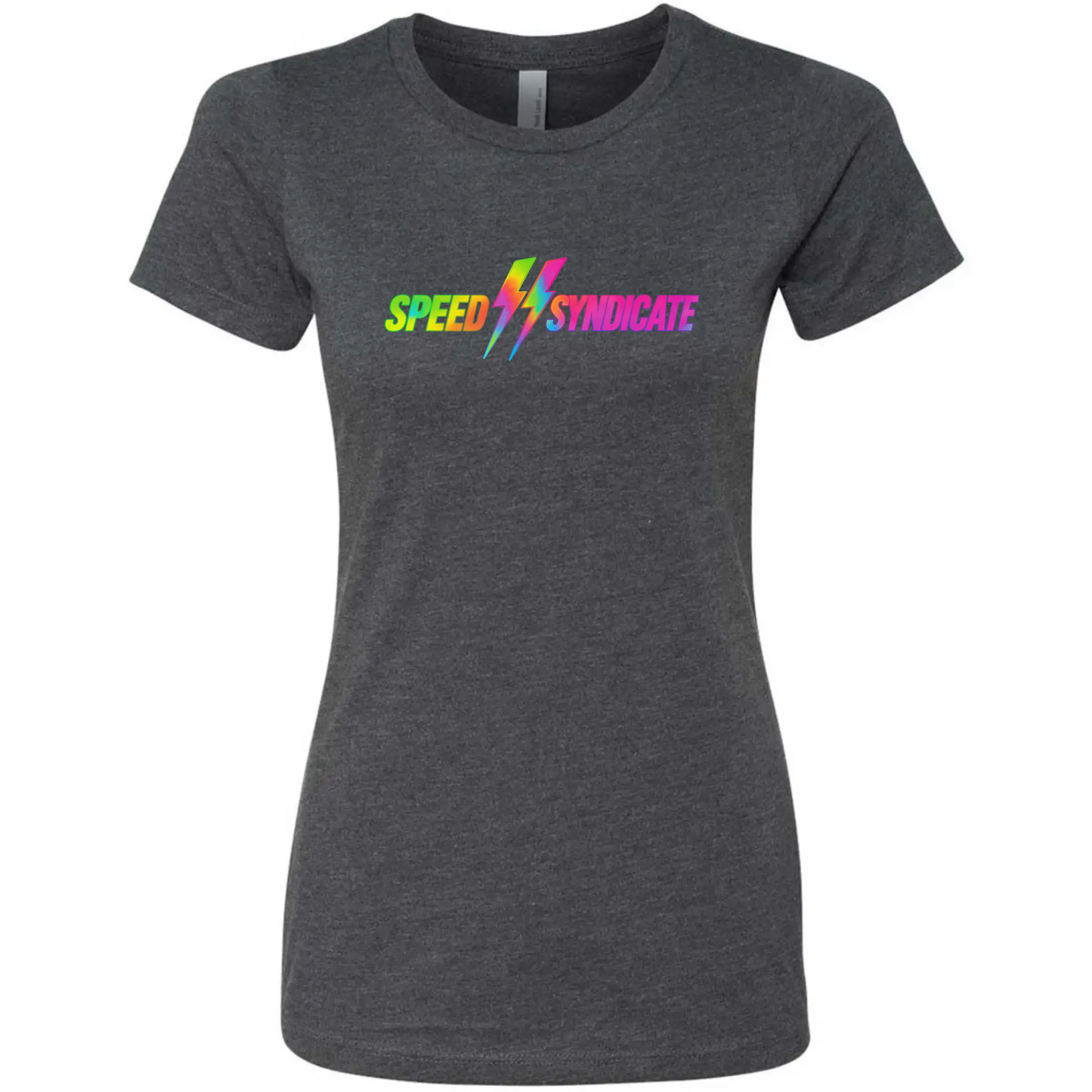 Women's Speed Syndicate Tie Dye Bolt Neon Fade Logo On Heather Heavy Metal Gray Tee - American Performance Motorcycle Tee Shirt