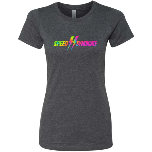 Women's Speed Syndicate Tie Dye Bolt Neon Fade Logo On Heather Heavy Metal Gray Tee - American Performance Motorcycle Tee Shirt