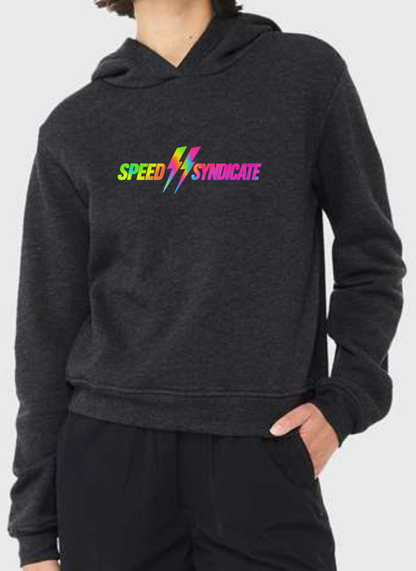 Women's Speed Syndicate Tie Dye Bolt Neon Fade Logo Sweatshirt On Dark Heather Gray Hooded Sweatshirt - American Performance Motorcycle Hooded Sweatshirt