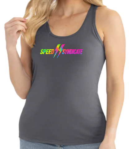 Women's Speed Syndicate Tie Dye Bolt Neon Fade Logo Racerback Tank Top