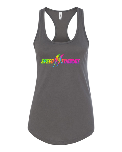 Women's Speed Syndicate Tie Dye Bolt Neon Fade Logo Racerback Tank Top