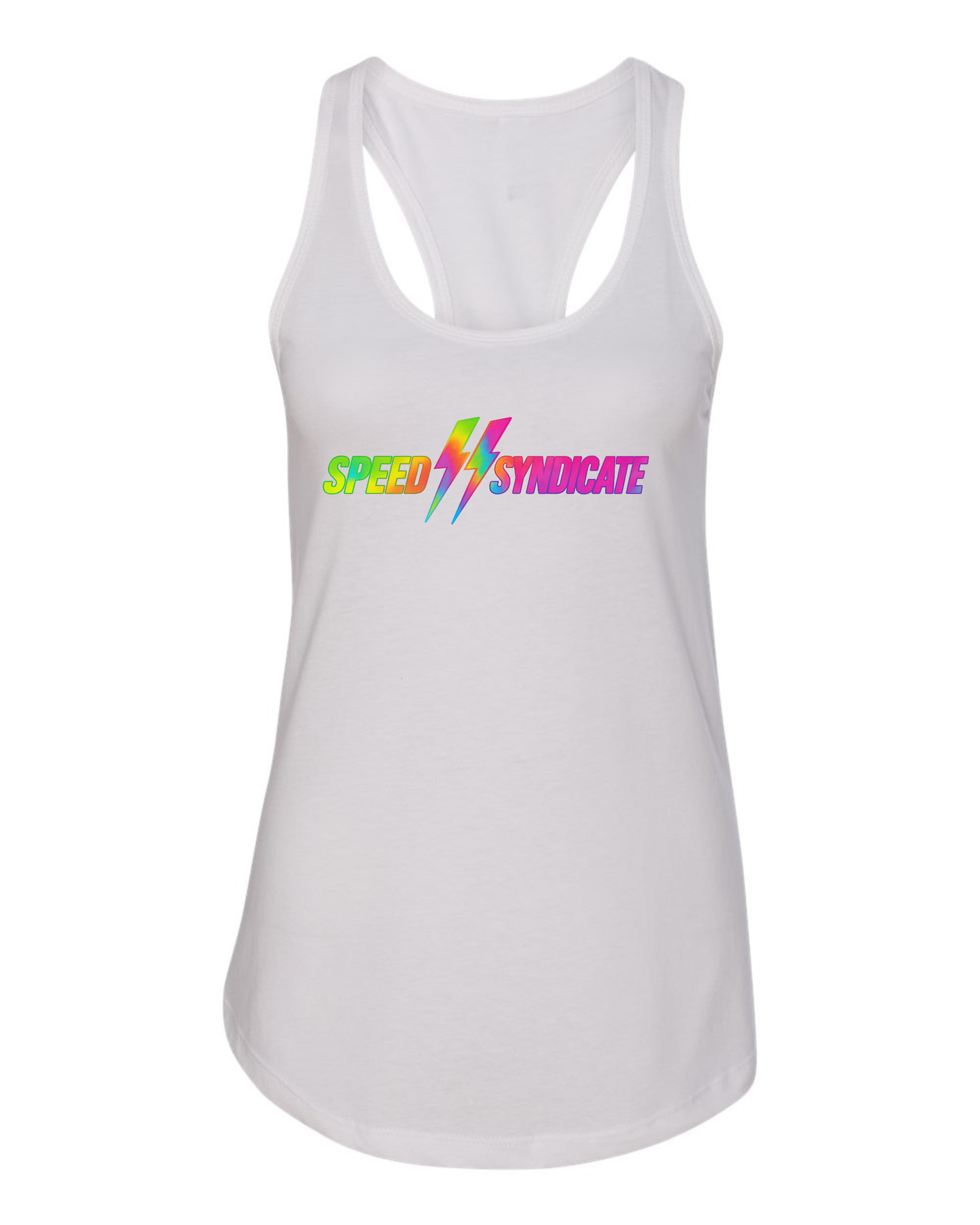 Women's Speed Syndicate Tie Dye Bolt Neon Fade Logo Racerback Tank Top