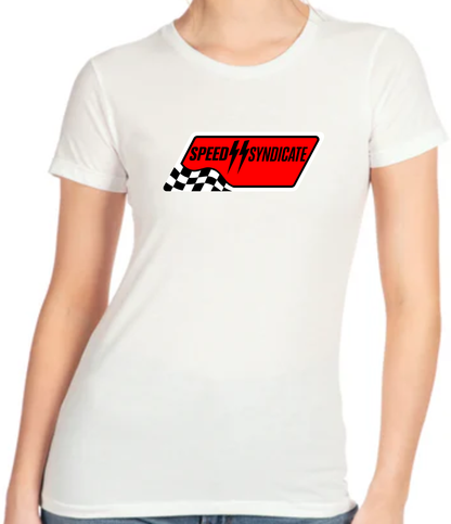 Women's Speed Syndicate Full Synthetic Black On White Tee- American Performance Motorcycle Tee Shirt