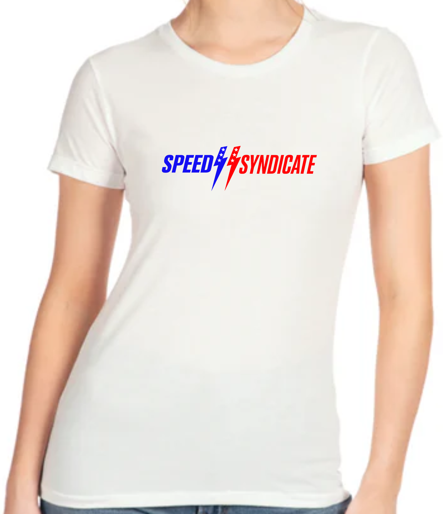 Women's Speed Syndicate Patriot Logo On White Tee - American Performance Motorcycle Tee Shirt