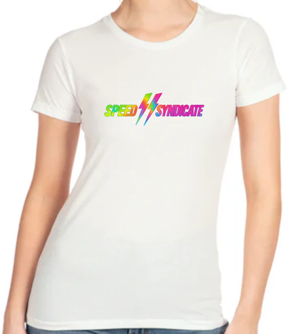 Women's Speed Syndicate Tie Dye Bolt Neon Fade Logo On White Tee - American Performance Motorcycle Tee Shirt